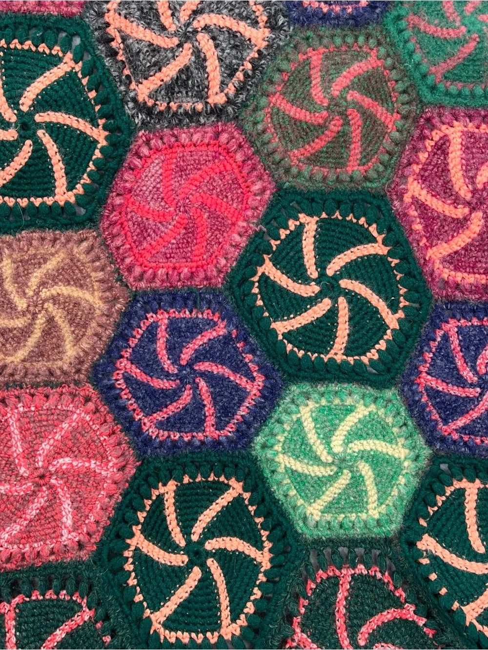Handmade Multicolor Hexagon Crochet Throw - Green & Pink Accents candy swirl